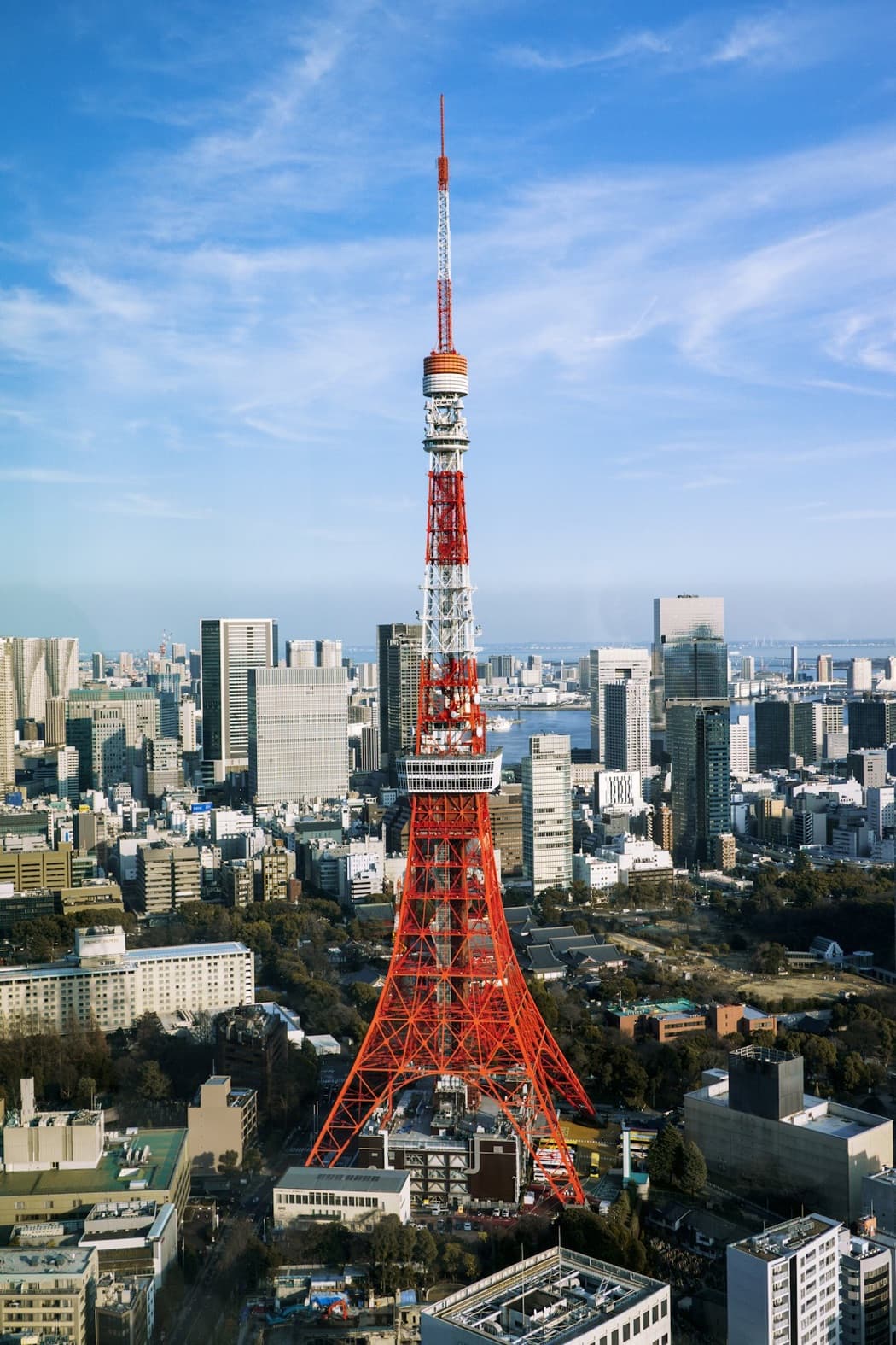 La Tokyo Tower rossa e bianca che svetta sul panorama di grattacieli di Tokyo, in una giornata azzurra