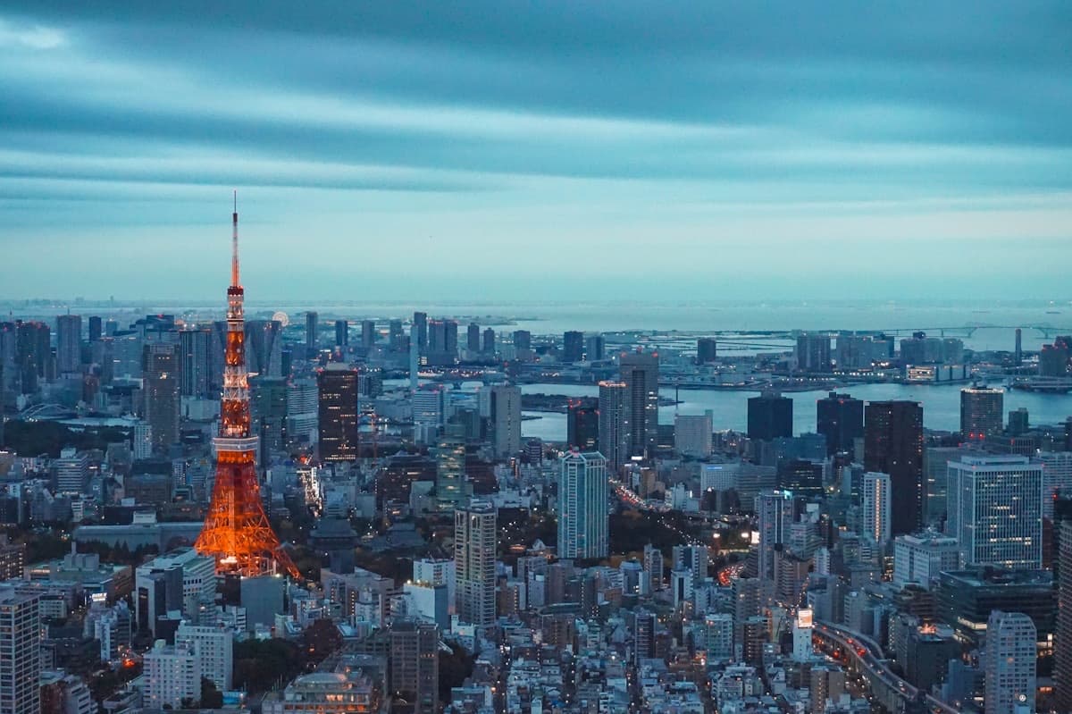 La Tokyo Tower illuminata e la città che si estende fino alla baia, all'ora blu