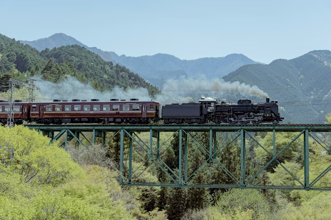 Un treno a vapore d'epoca attraversa un ponte in ferro tra montagne verdi, in una giornata limpida