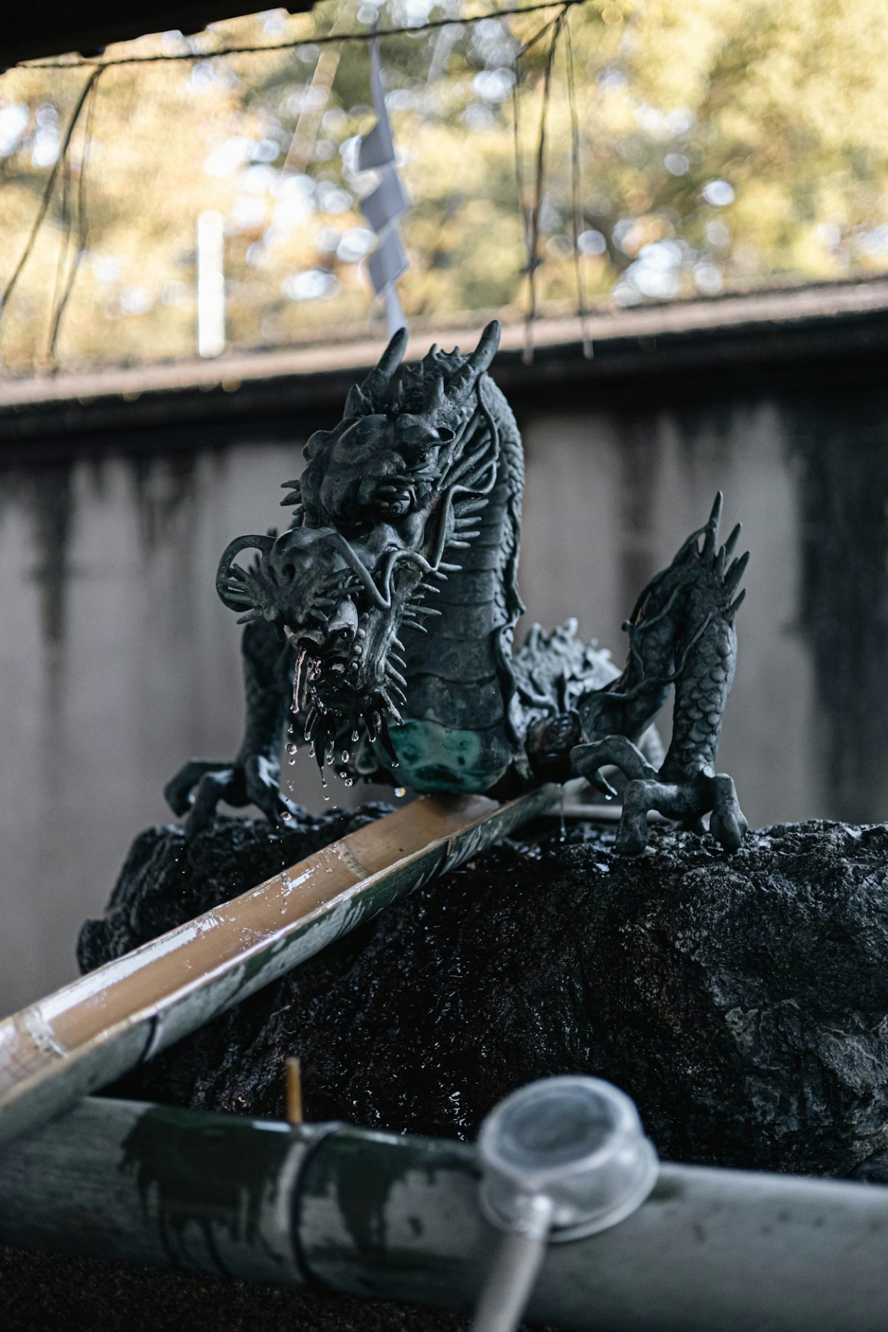 L'acqua che scorre dalla bocca di un drago di pietra nella fontana di purificazione