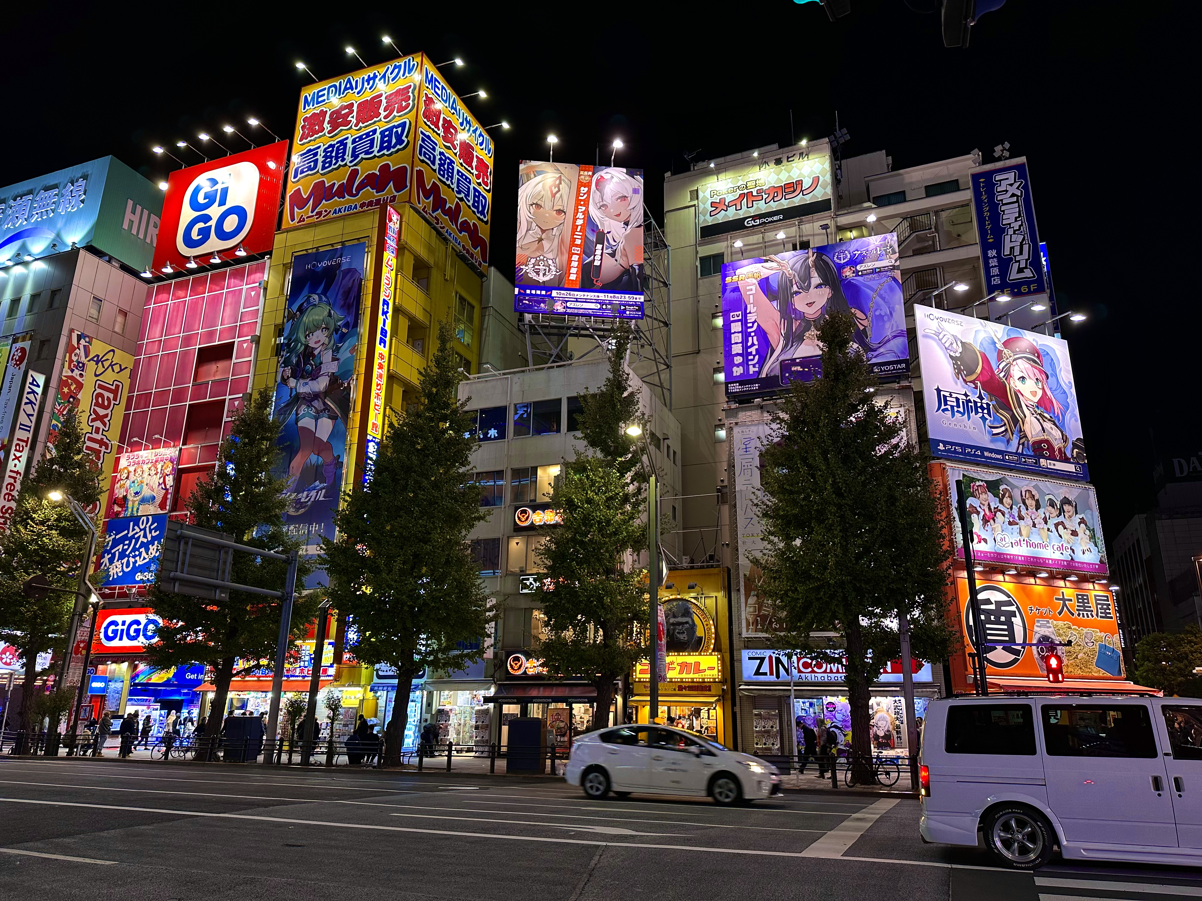 Le insegne luminose di Akihabara, il quartiere dell'elettronica a Tokyo, di notte