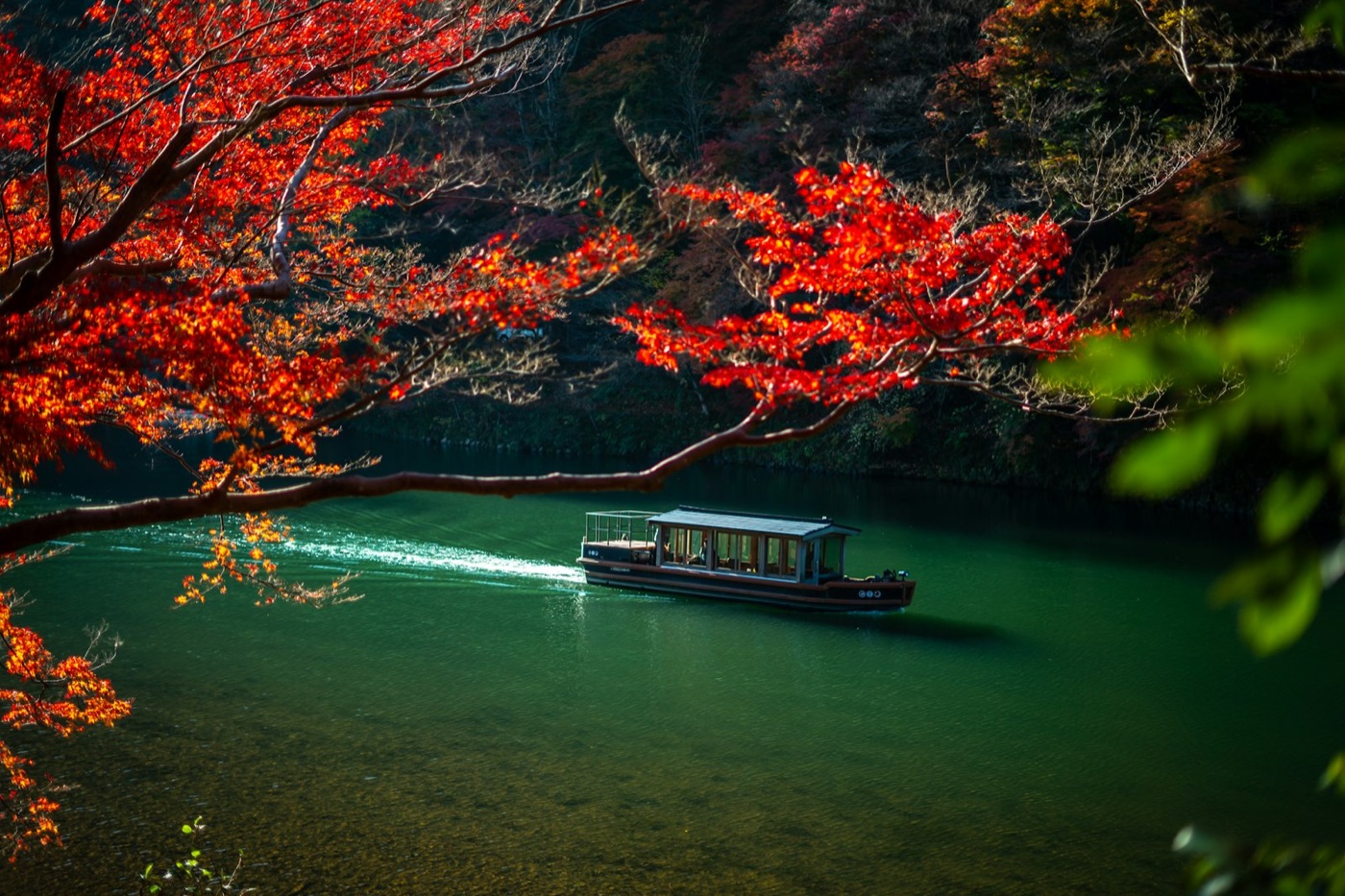 Una barca tradizionale sul fiume di Arashiyama, tra gli aceri rossi d'autunno