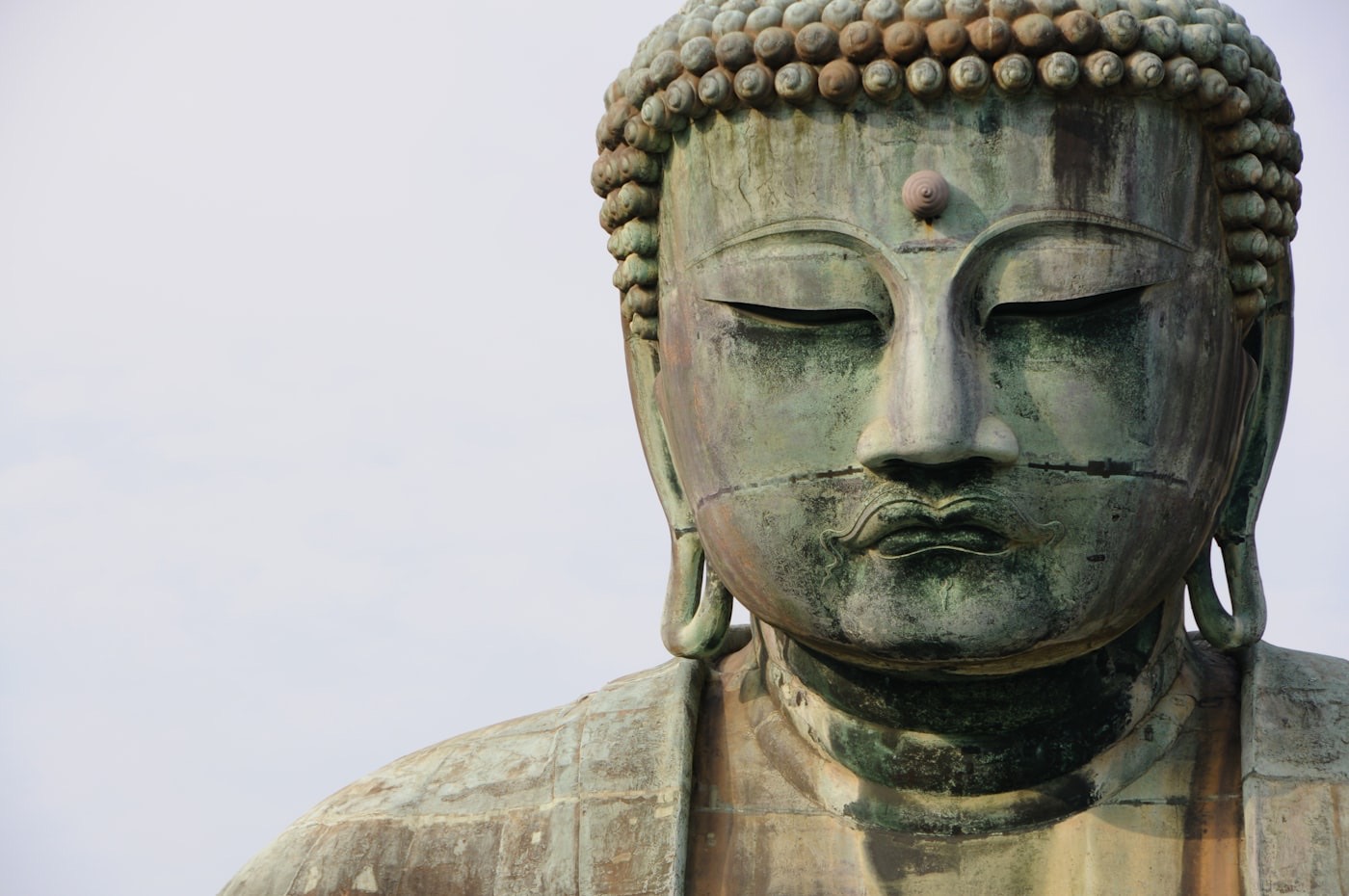 Il volto del Grande Buddha di bronzo di Kamakura, con la patina verde e gli occhi socchiusi
