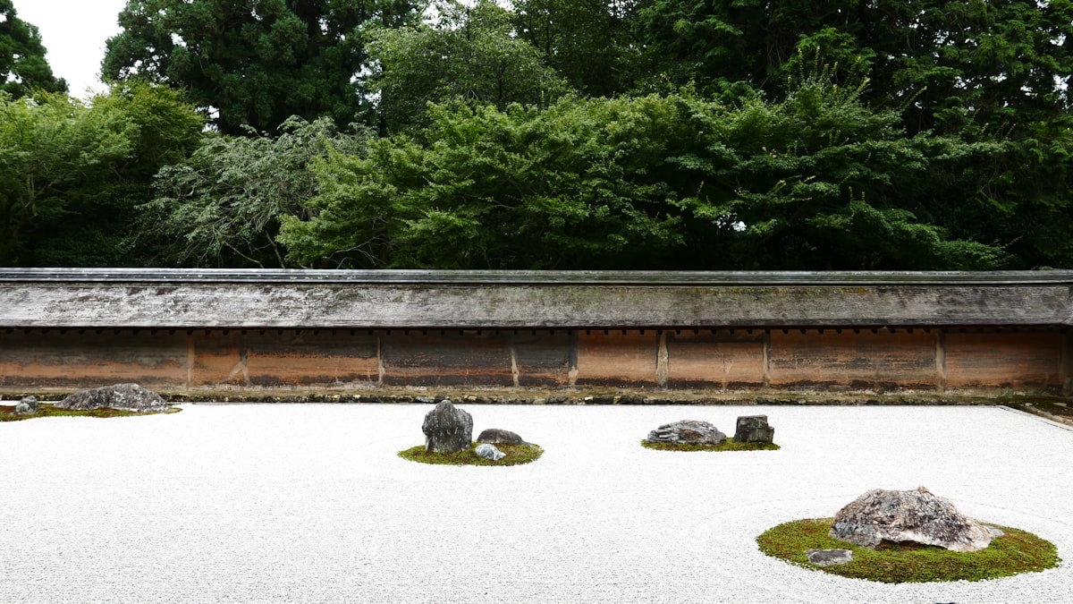 Il giardino di rocce di Ryoan-ji: ghiaia bianca, rocce e muschio