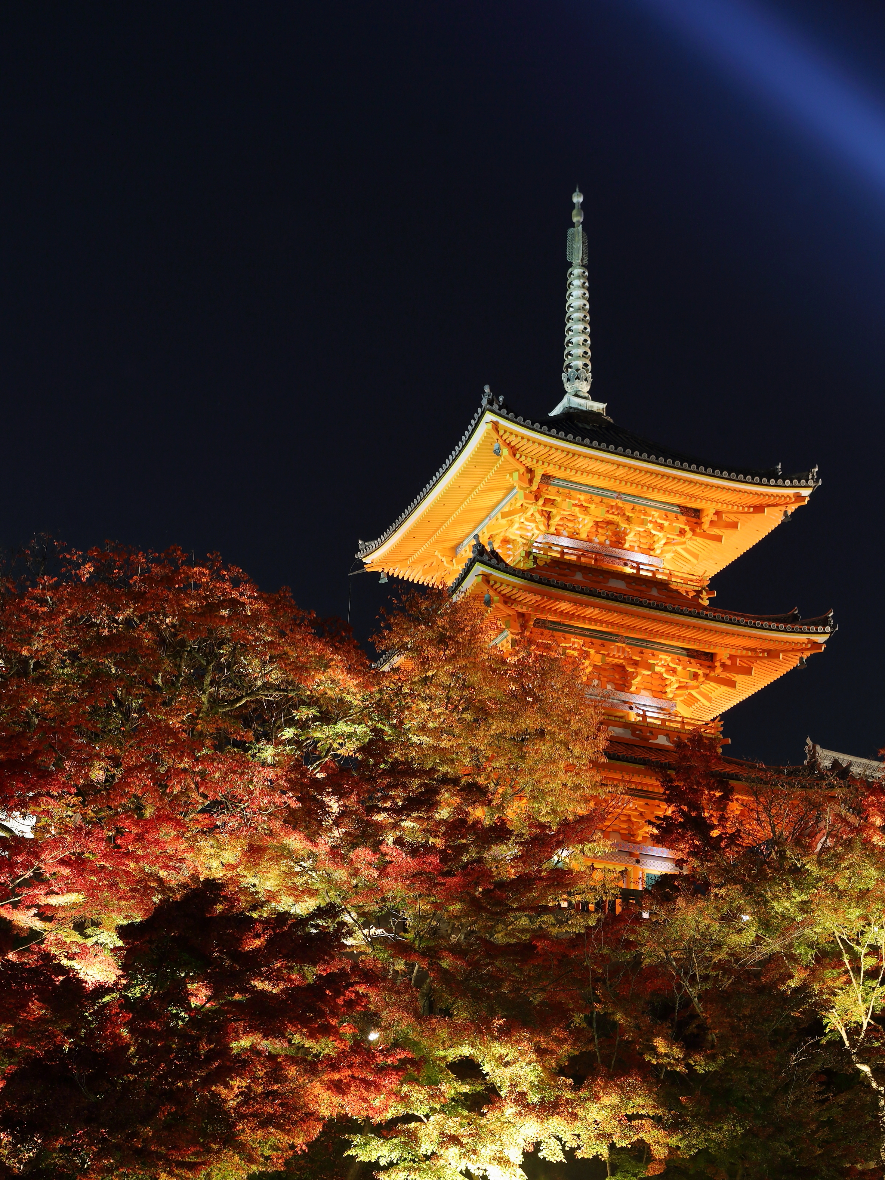 Il Kiyomizudera di notte, illuminato di blu e bianco durante le illuminazioni stagionali